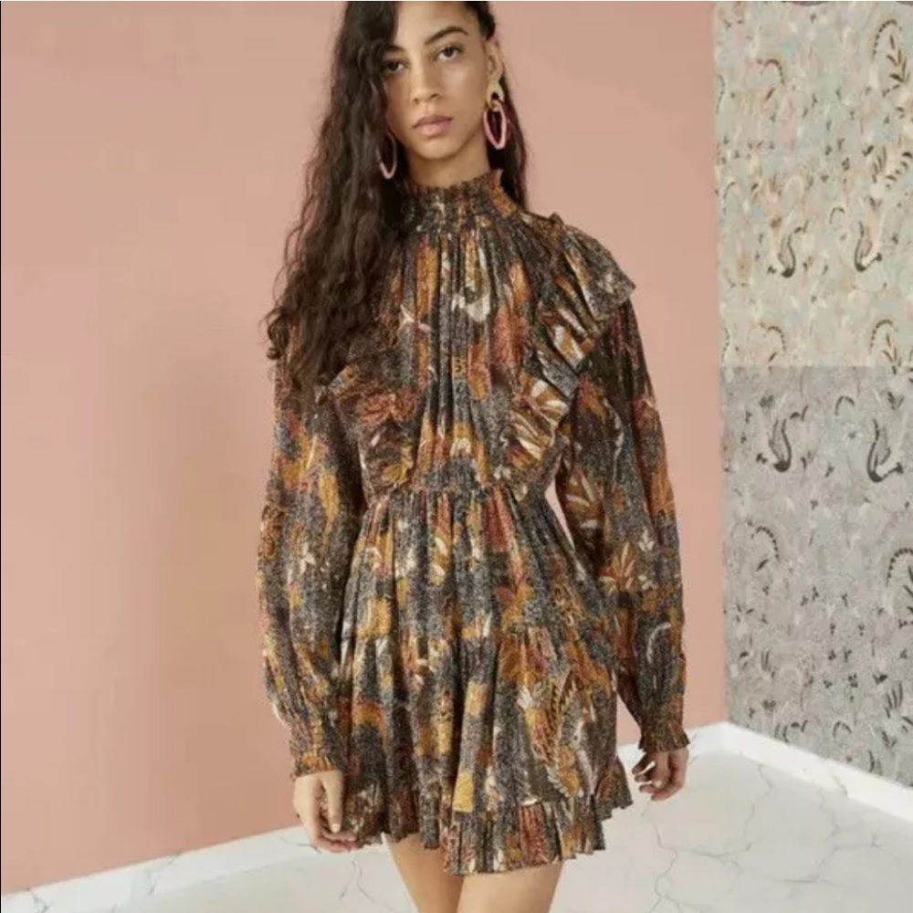 Ulla Johnson Multicolor Floral Ruffled Midi Dress in Brown & Mustard